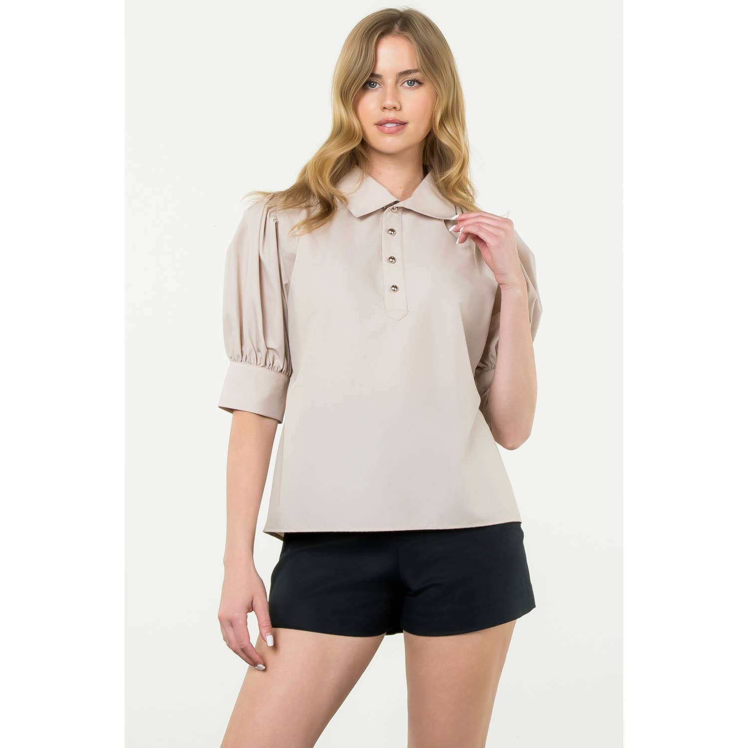 Puff Sleeve Collared Button Top