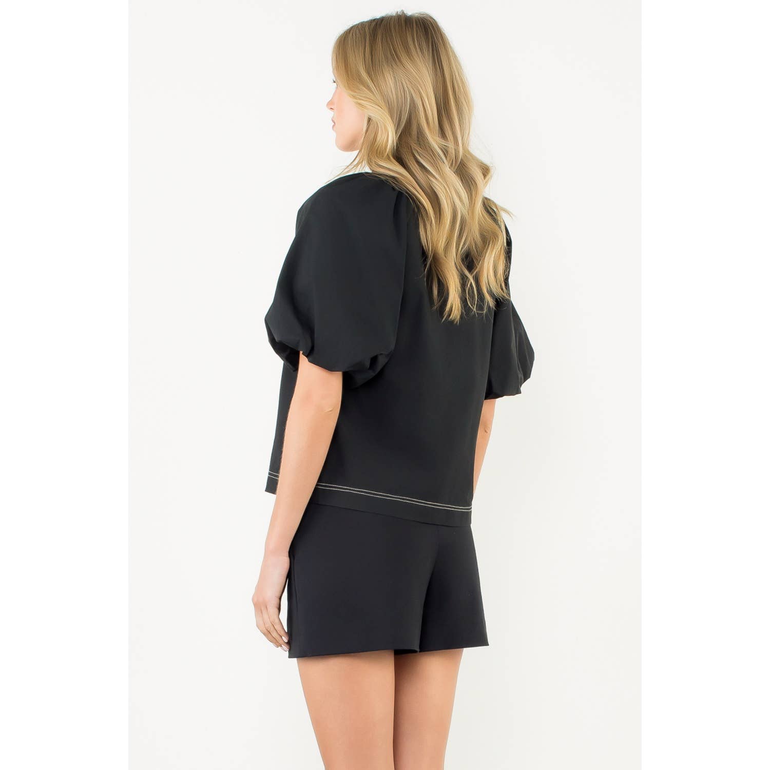 Contrast Stitch Puff Sleeve V-Neck Top