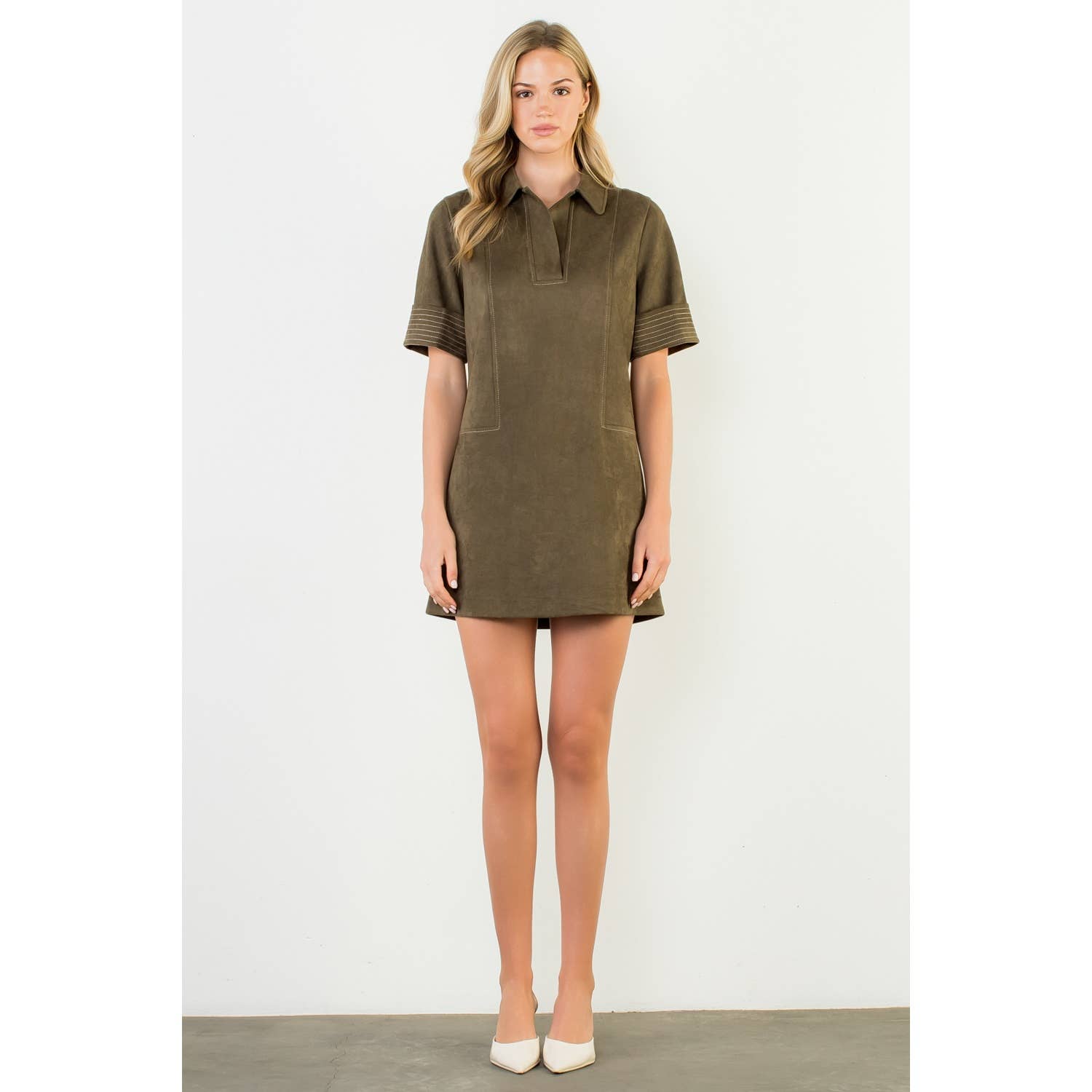 Short Sleeve Collared Suede Dress