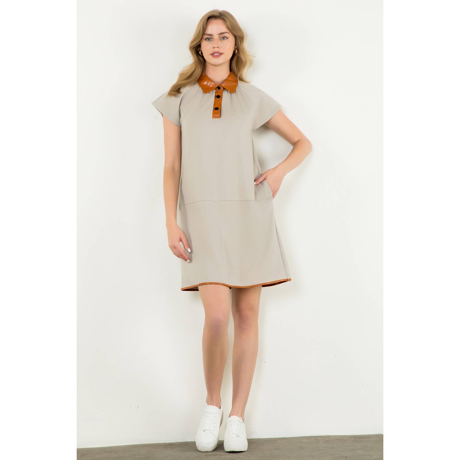 Collared Short Sleeve Midi Dress