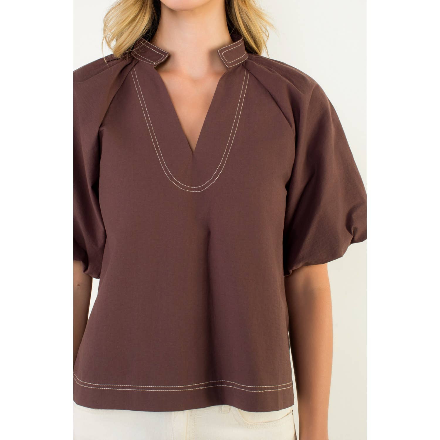 Contrast Stitch Puff Sleeve V-Neck Top
