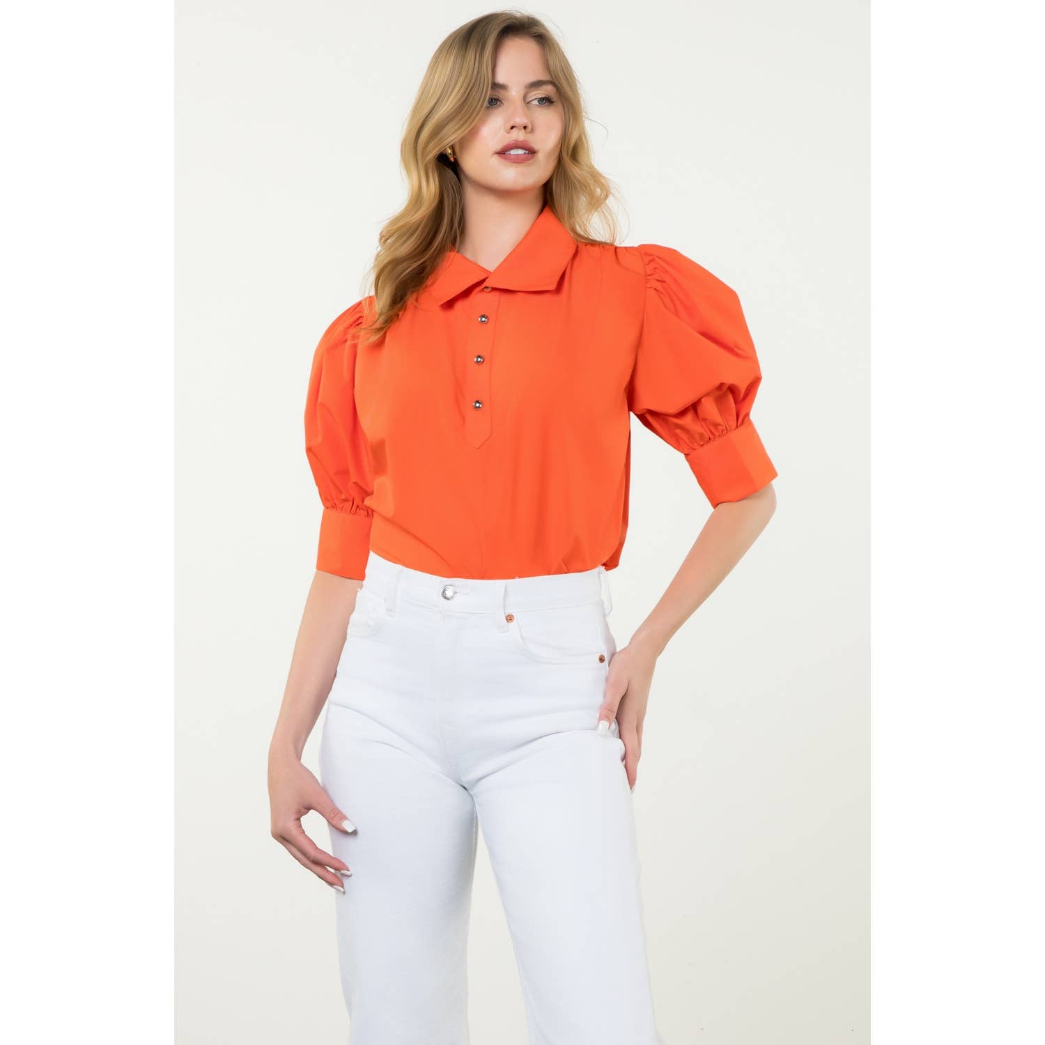 Puff Sleeve Collared Button Top