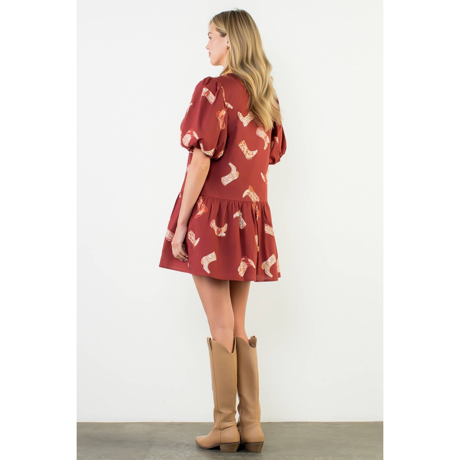 Puff Sleeve Boots Print Dress: BURGUNDY